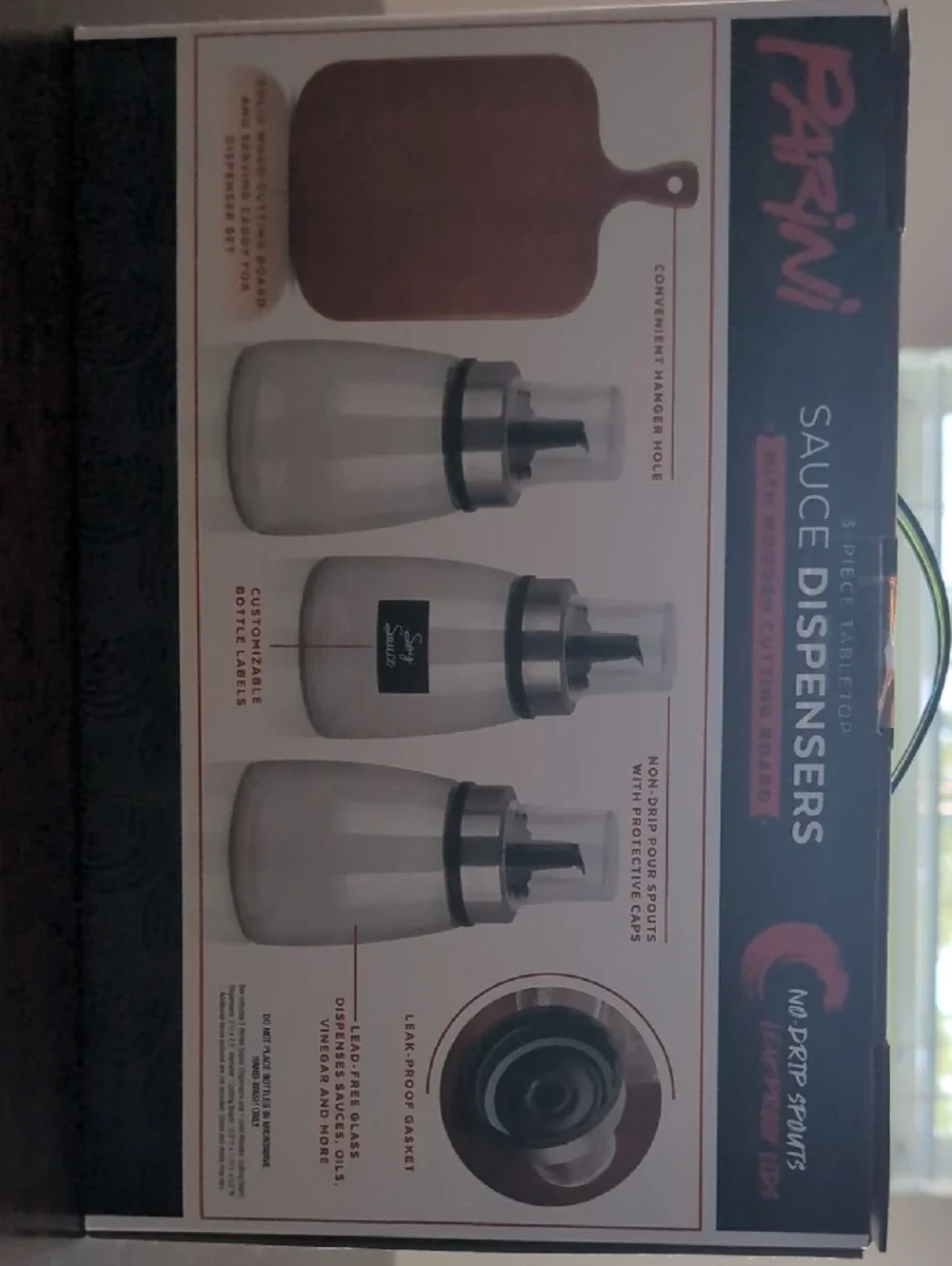 Paderno 3-Piece Sauce Dispensers with Wooden Cutting Board - Black & Silver